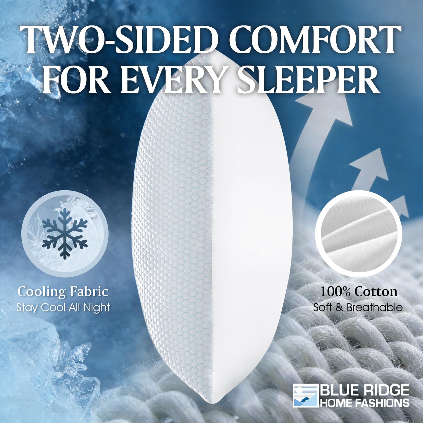 Blue Ridge Home Fashions Cooling Pillows Queen Size Set of 2, Dual-Sided Cooling & Breathable Cotton Design, Down Alternative Pillows for Hot Sleepers, Soft Support for Side, Back & Stomach Sleeping