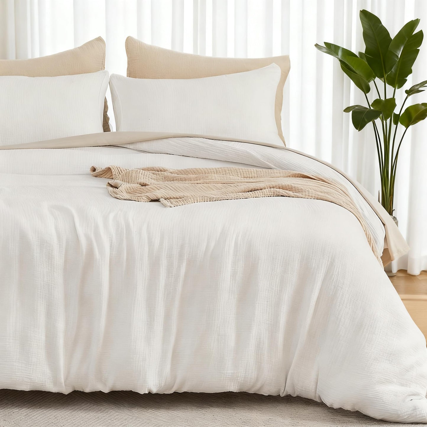 EMME Cream White Muslin Duvet Cover Queen Size, 100% Cotton Soft Gauze Bedding Set with 2 Pillowcases, Breathable Lightweight All Season Comforter Cover with Zipper & Corner Ties, 90"x90"