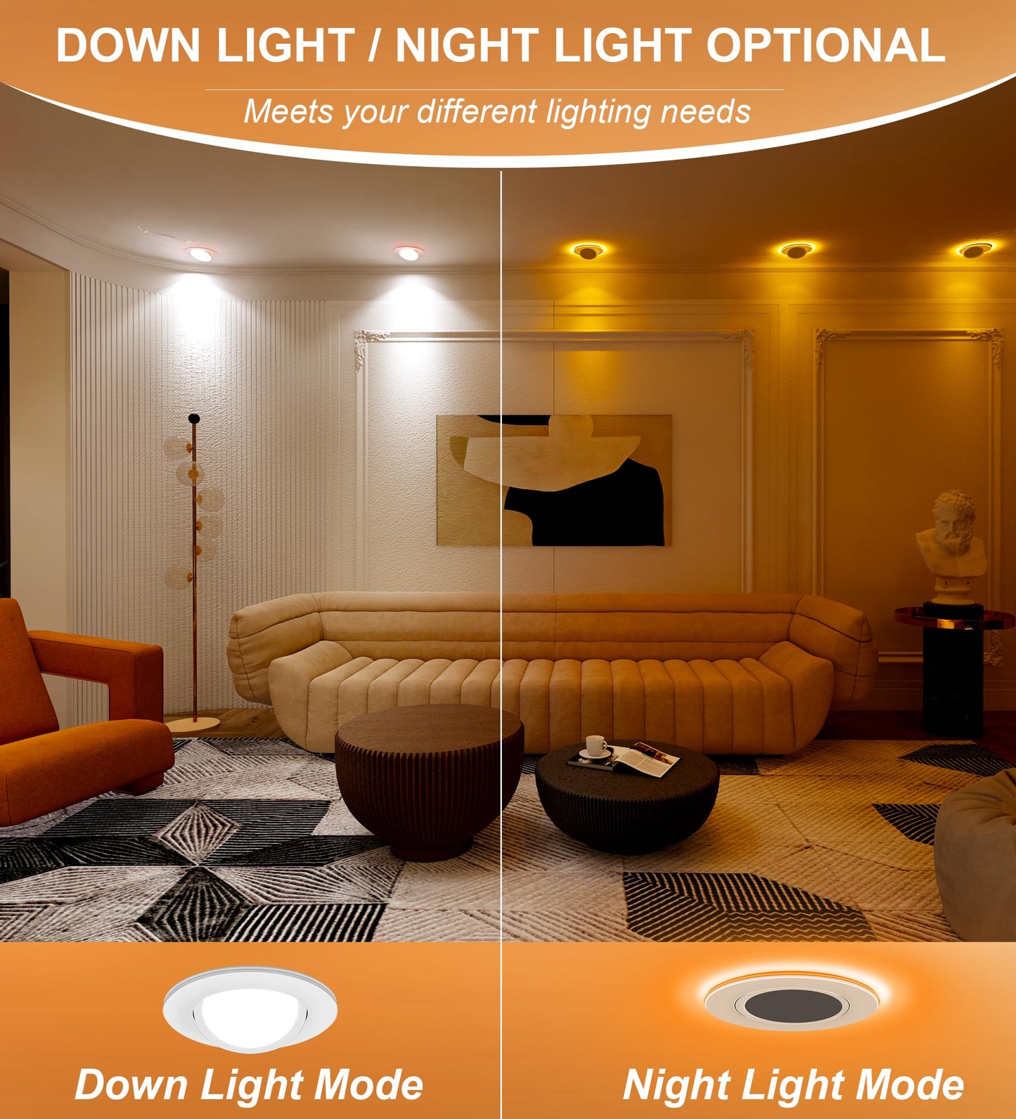 CLOUDY BAY [4 Pack] 6 inch 5 Color Swivel LED Gimbal Recessed Light with Night Light,12W CRI80+ 950LM,2700K/3000K/3500K/4000K/5000K，Canless Angled Adjustable Ceiling Downlight, White Finish