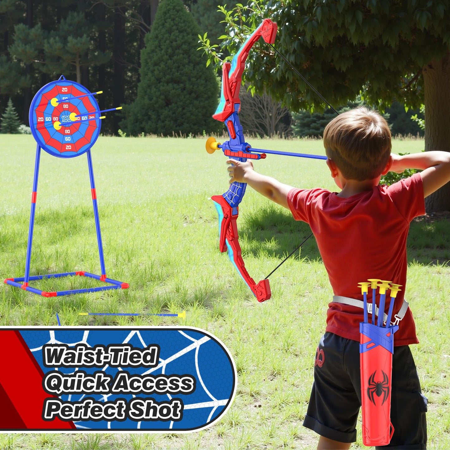 Bow and Arrow Set for Kids, LED Light Up Shooting Game with 7 Suction Cup Arrows, Quiver and Standing Net Lens Indoor Outdoor Birthday Gifts for Boys Age 4 5 6 7 8 9