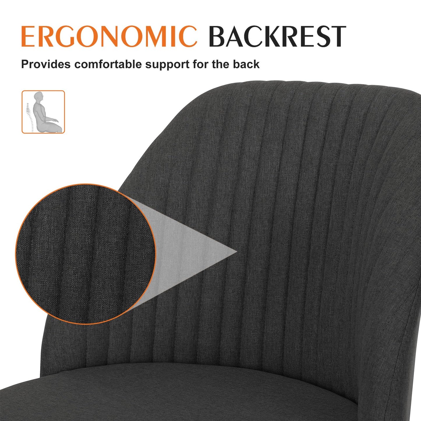 Sweetcrispy Armless Vanity Chair, Cute Comfy Home Office Desk Chair with Wheels, Modern Upholstered Task Computer Seat for Bedroom, Study, Makeup Vanity, Height Adjustable & Swivel, Deep Gray