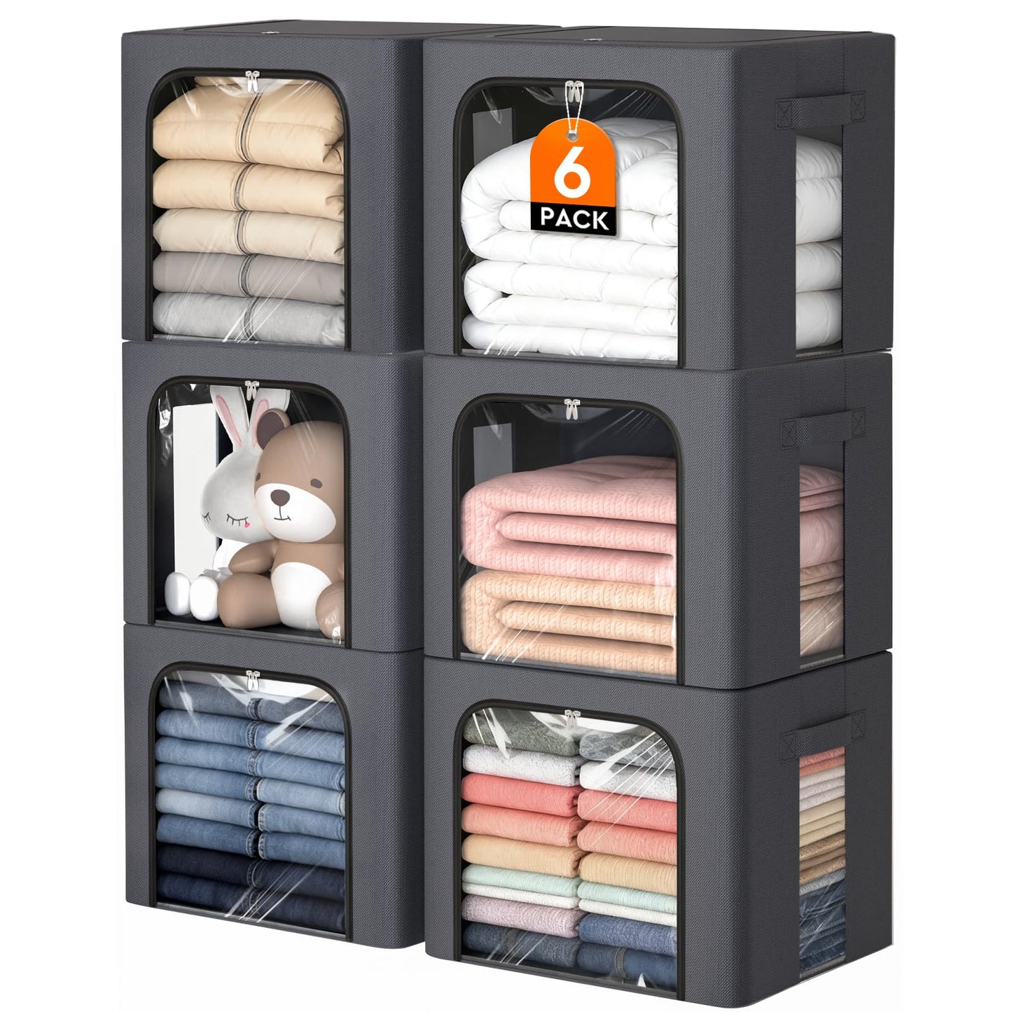 EpicTotes 6 Pack Clothes Storage Bins with Metal Frame,40L Storage Bags Fabric Box Organizer with Clear Window,Zippers,Sturdy Handles(6 Pcs,Light Grey,40L)