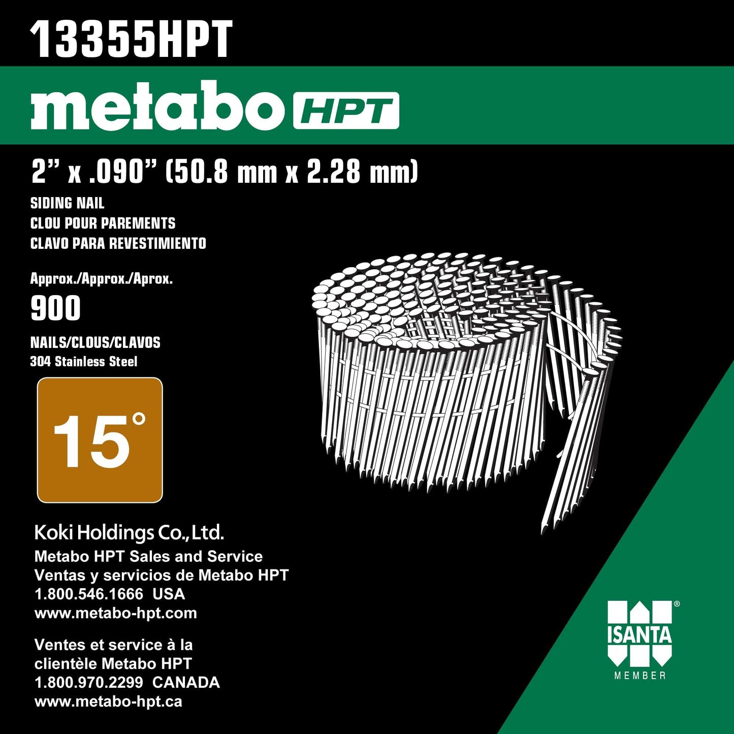 Metabo HPT Wire Coil Siding Nails | 2 Inch x .090 | 304 Stainless Steel | Ring Shank | 900 Count | 13355HPT