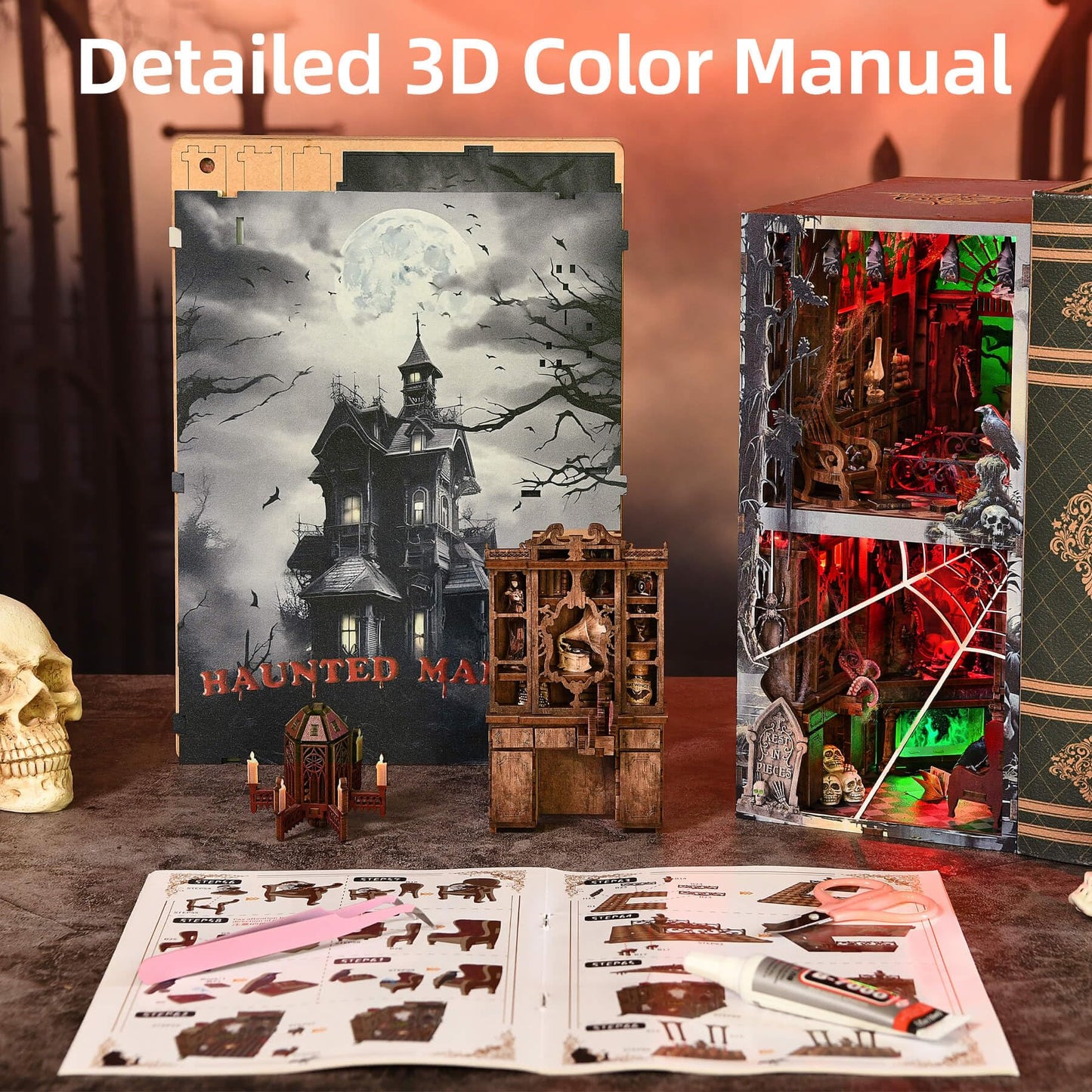 fifijoy Haunted House Halloween Book Nook Kit, Spooky Shelf Insert Bookshelf Diorama Horror Art Miniature Decor, Creepy Scary Wooden Puzzle Booknook (Haunted Mansion)
