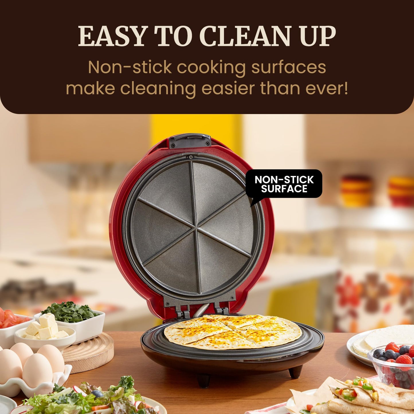 Elite Gourmet 10.65" Cheesy Quesadilla Maker, 2-Position Locking Latch For Extra Stuffing, Easy-Slice 6-Wedge, Red