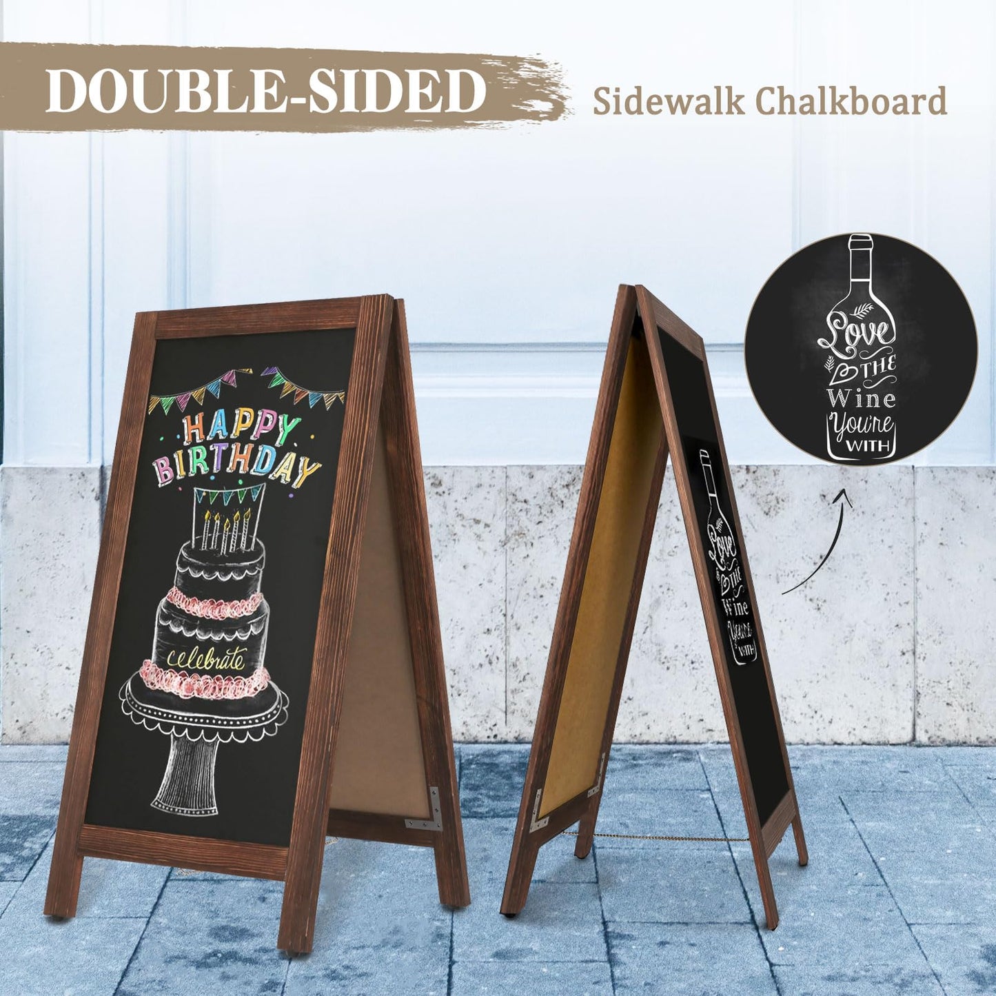 AMUSIGHT Wooden A-Frame Sign, Magnetic 40" x 20" Brown Chalk Board Sign Board, Double-Sided Sandwich Board Signs Outdoor, Chalkboard Easel, Menu Board for Restaurant, Business or Wedding