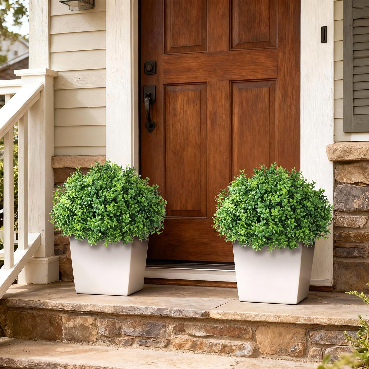 Set of 2 Artificial Boxwood Topiary Ball Trees - UV Resistant Faux Boxwood Potted Plants, Spring Summer Greenery Fake Bushes for Front Door Farmhouse Garden Porch Outdoor Decor