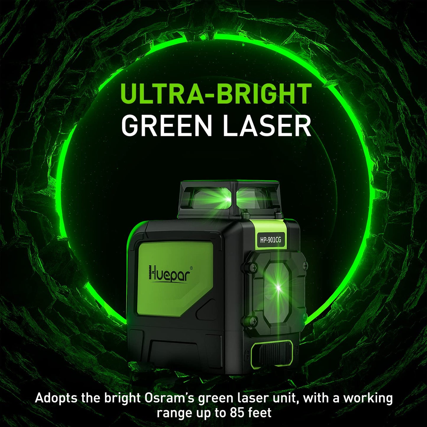 Huepar 901CG Self-Leveling Laser Level, 360 Green Beam Cross Line Laser Tool, Alignment 360-Degree Horizontal Line with Pulse Mode, Magnetic Pivoting Base Included