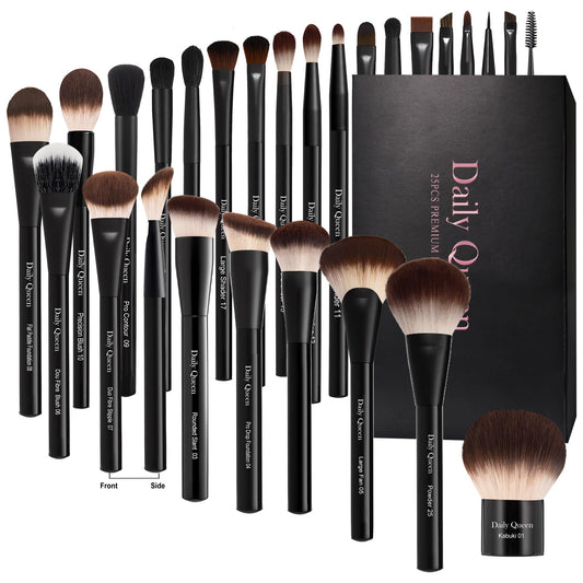 Daily Queen Makeup Brush Set 25 pcs Black Professional Kabuki Powder Concealers Eye shadows Blush Eyeliner Eyebrow Contour Eye blending Brushes