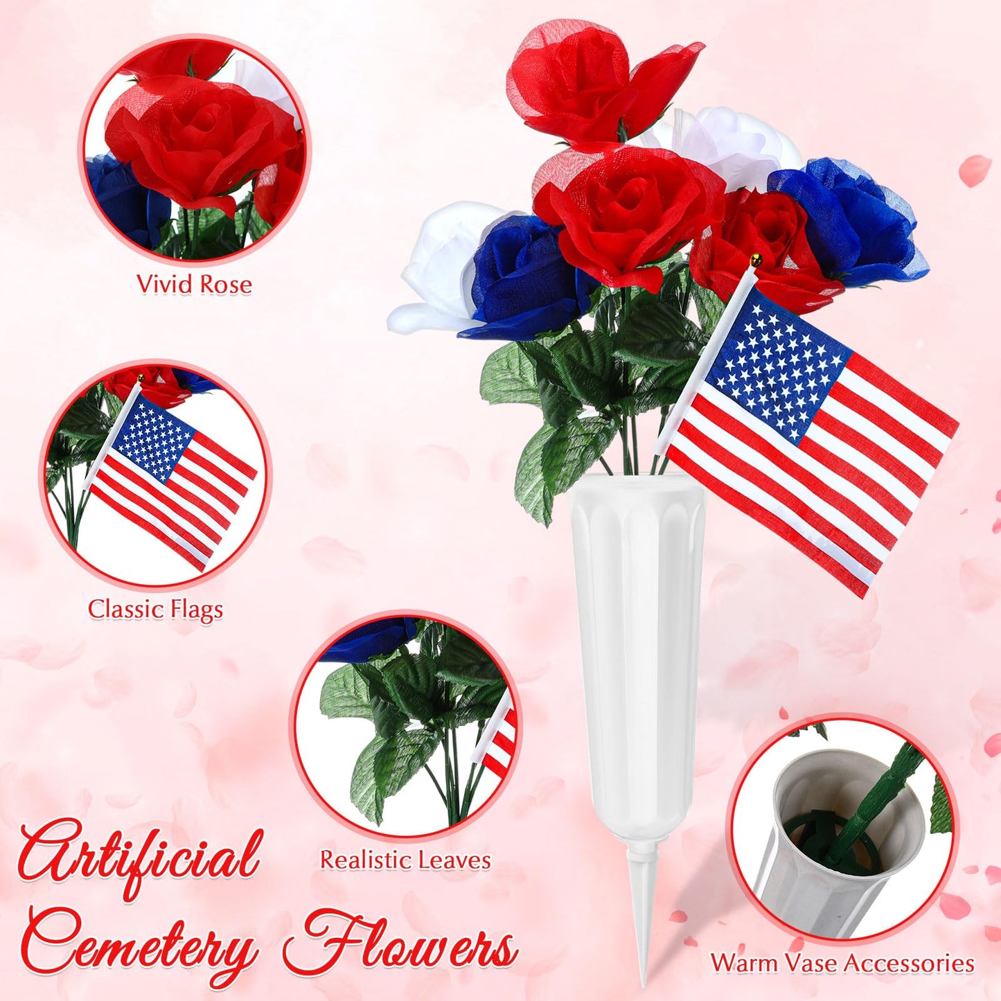 Giegxin 3 Pcs Memorial Day Headstone Flower Saddle Cemetery Flowers for Grave Artificial Memorial Floral with Vase American Flag Patriotic Red White Blue Rose Bouquets for Gravesite Tombstone Decor