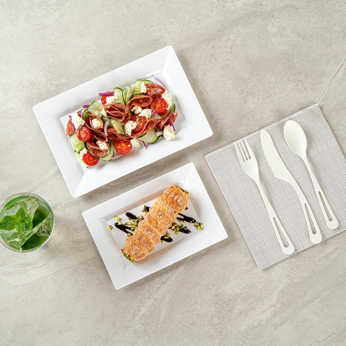 Restaurantware Moderna 7.5 x 5.3 Inch Premium Disposable Plates 100 Rectangular Plastic Plates For Parties - Durable Heavy-duty White Plastic Dinner Plates For Warm And Cold Foods