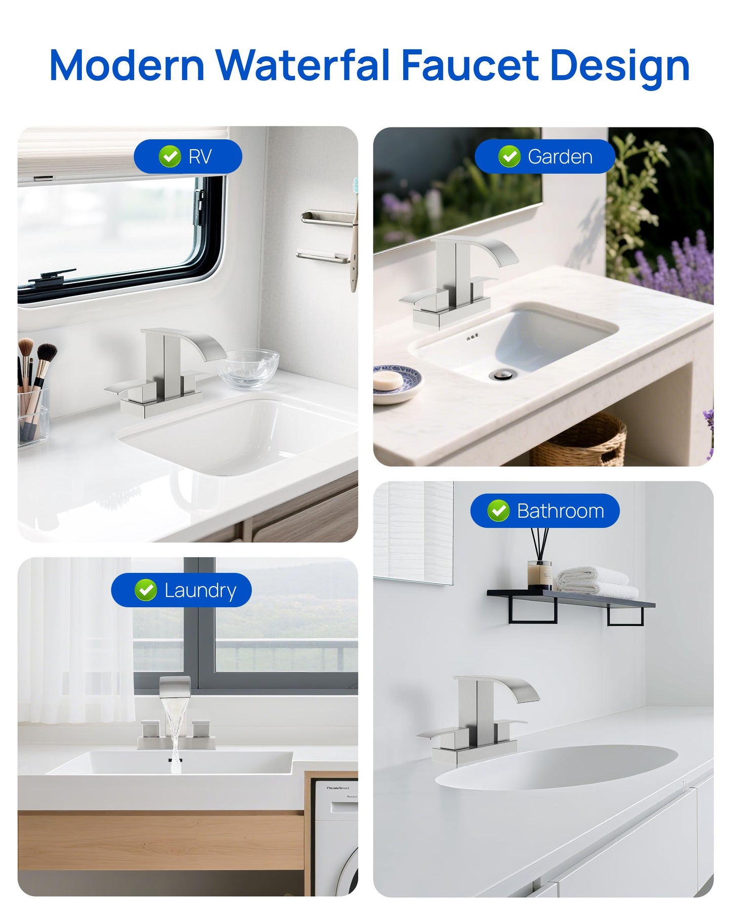 Waterfall Bathroom Sink Faucet Set with Pop Up Drain Stopper & Supply Lines - 4 Inch 2 Handles Centerset Faucet 2 or 3 Hole Lavatory Faucet Bathroom Vanity Mixer Tap Basin Faucets Brushed Nickel