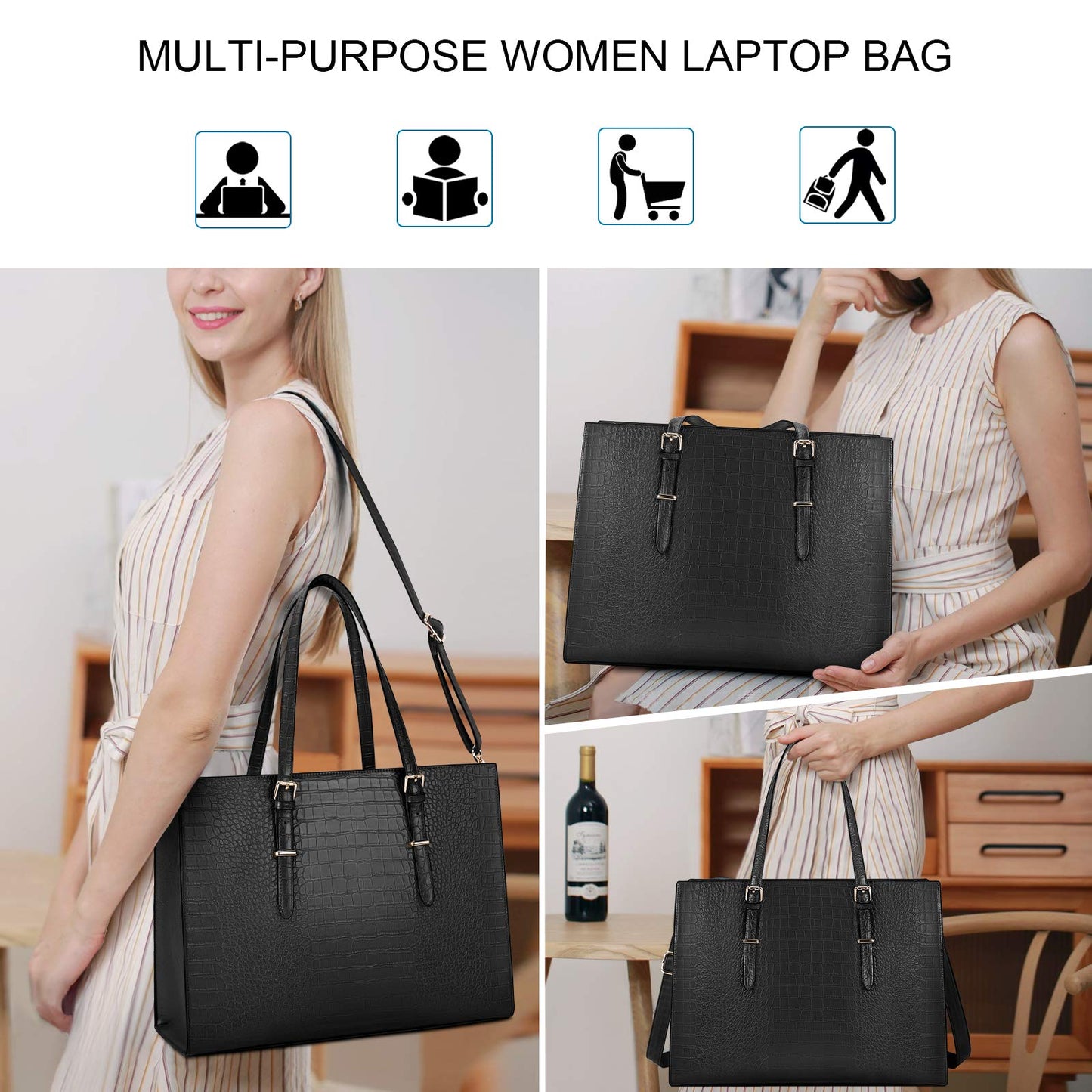 Laptop Bag for Women 15.6 inch Laptop Tote Bag Leather Classy Computer Briefcase for Work Waterproof Handbag Professional Shoulder Bag Women Business Office Bag Large Capacity