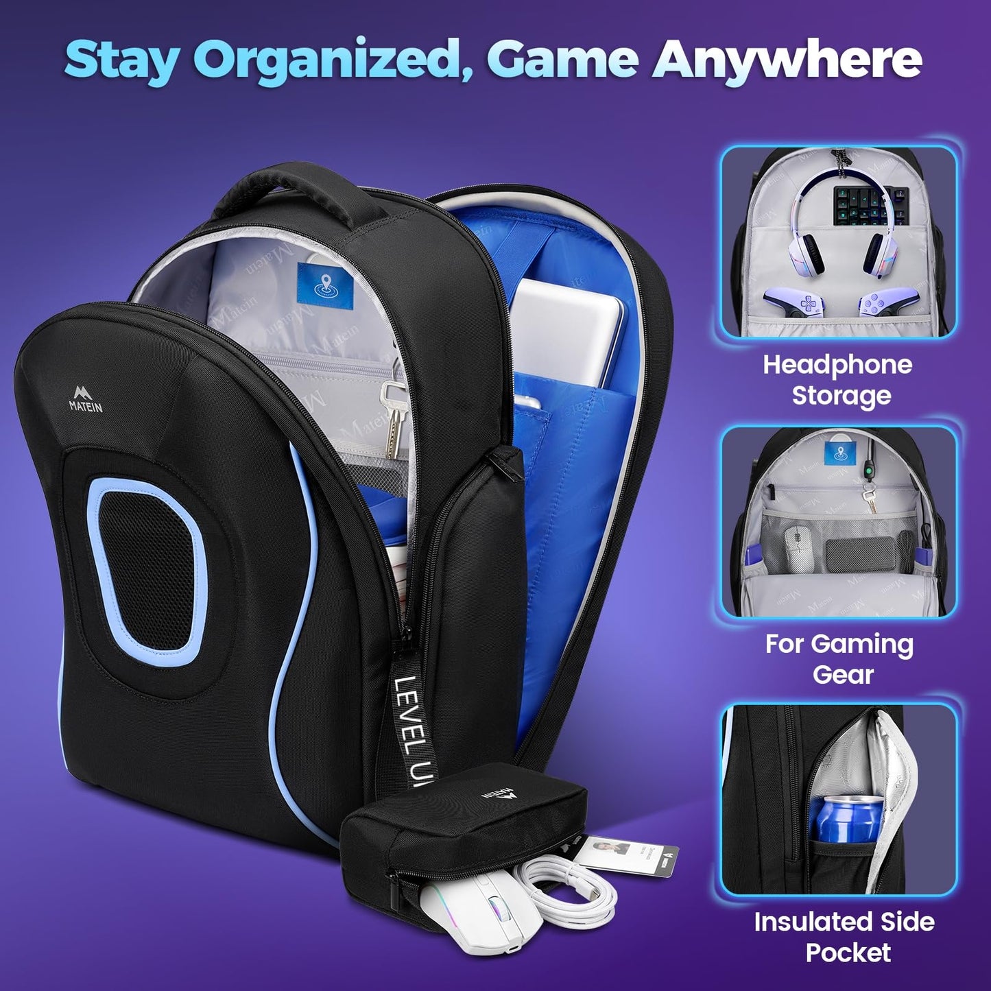 MATEIN 17.3 Inch Gaming Laptop Backpack for Men, TSA Friendly Travel Laptop Backpack with Organizer Pouch, Rain Cover, Padded Laptop Protection, Anti Theft Pocket, Carry On Gaming Bag