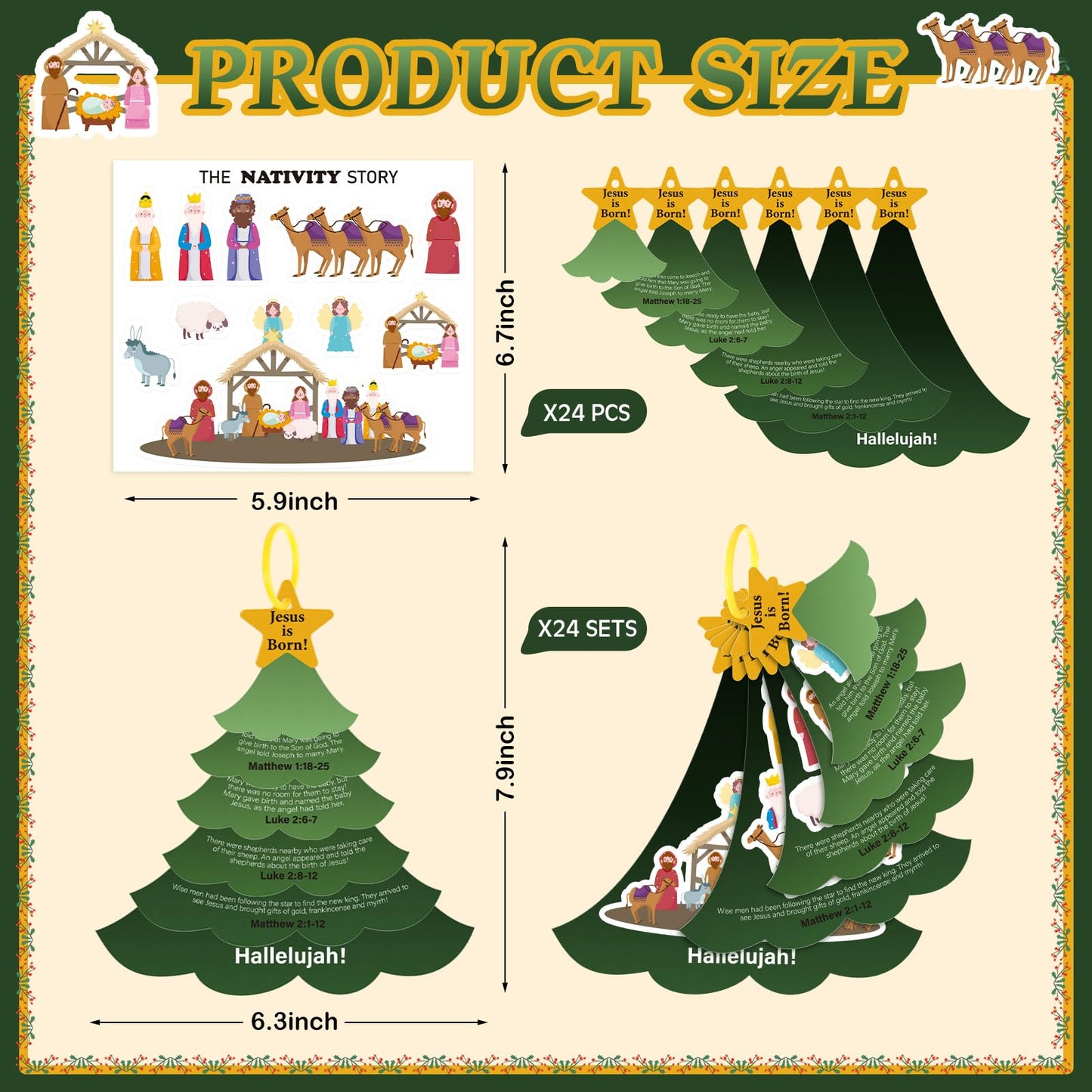 Seenelling 24 Sets Nativity Crafts for Kids Religious Nativity Scene Stickers DIY VBS Crafts Christmas Tree Jesus Story Books Kids Christian Storytelling Play Kits for Church