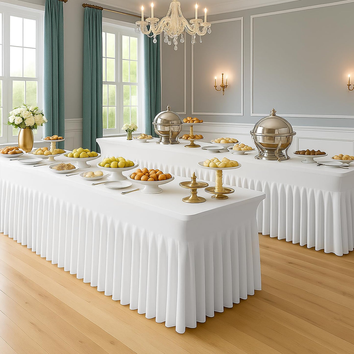Deep Dream 2 Pack White Spandex Table Covers 6 Foot, Fitted Stretch Tableclothes 30x72 Inch, Wrinkle Free 6FT Fitted Table Clothes with Skirt for Party, Banquet, Wedding and Events