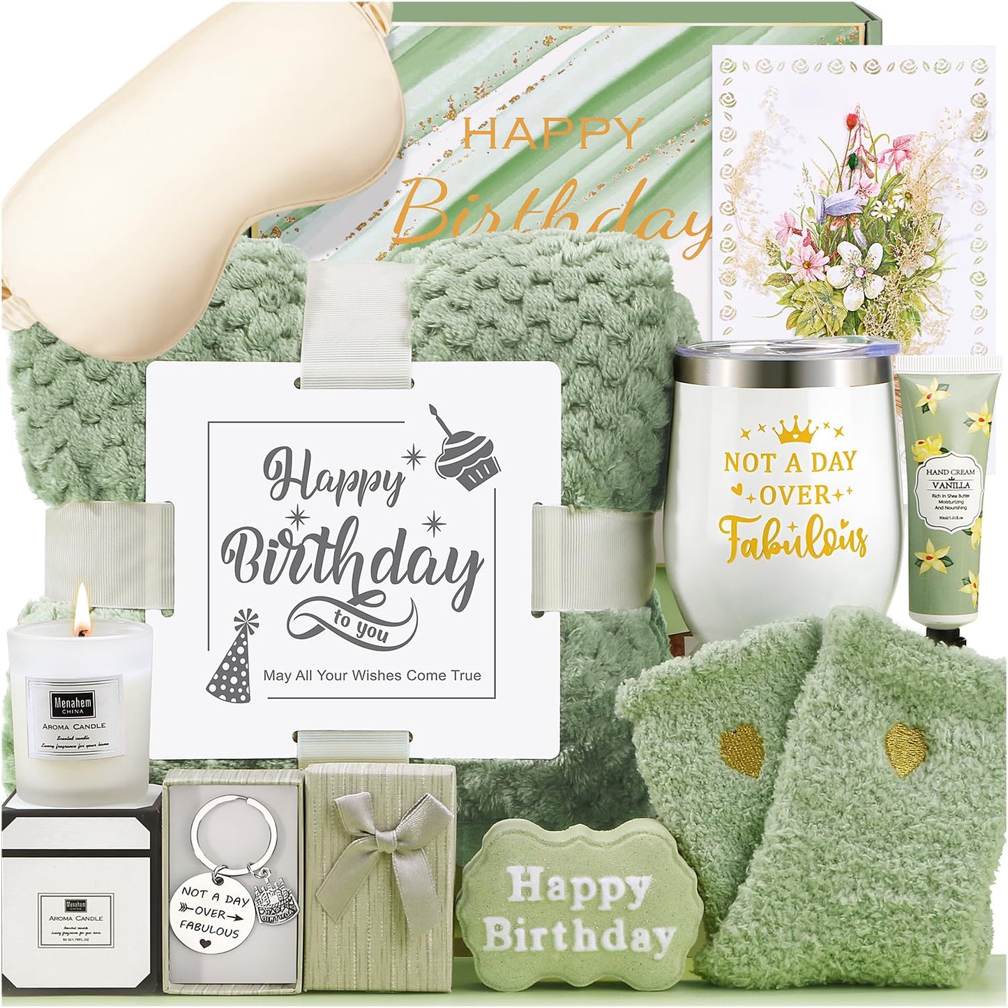 BaiCai Birthday Gifts for Women, Happy Birthday Gifts for Mom Sister Her Best Friend Girlfriend Wife Bday Gift Ideas, Unique Relaxing Spa Birthday Gift Baskets for Women Care Package w/Blanket