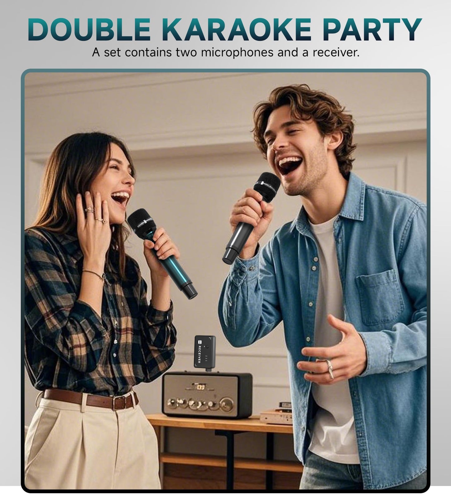 Wireless Microphones, Professional Dual Wireless Microphone with 240 ft Effective Range, 3ms Transmission Rate, Studio Grade Sound Pick Up Mic Head, Metal Body, Microphone for Singing, Speech
