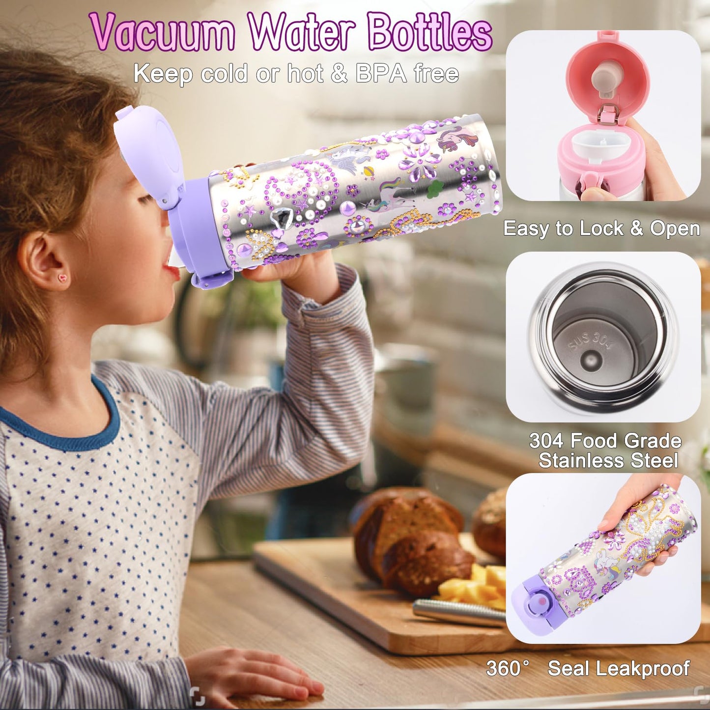Distasio Unicorn Water Bottles Girls Personalized Water Bottles Kids, Decorate Your Own Water Bottle Baseball Cap w/ 18 Sheets of Unicorn Stickers and Glitter Gems Gifts Girls 6-12 Year Old