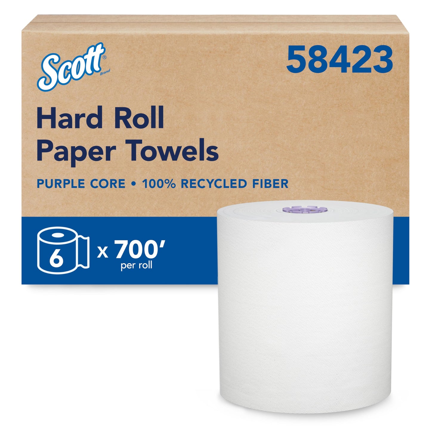 Scott® Essential 100% Recycled Hard Roll Paper Towels, Bulk (58423), Hardwound, Absorbency Pockets™, White, Fits Scott Essential Purple Core Dispensers (6 Rolls at 700' Each, 4,200'/Case)