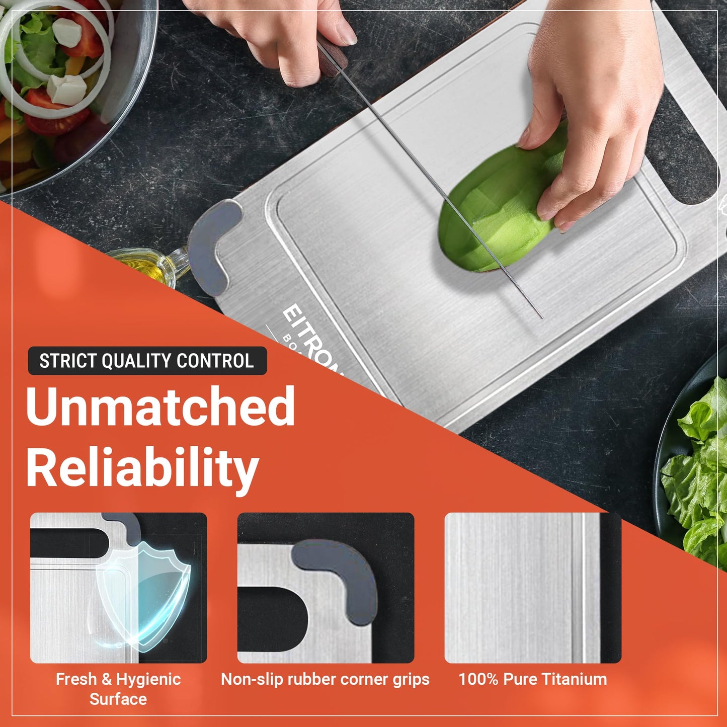 EITRON Titanium Cutting Board Set of 3 for Kitchen - 100% Pure Titanium Metal Chopping Boards, Non-Toxic Food Grade, Double-Sided with Juice Groove & Non-Slip Corners, Dishwasher Safe (S+M+L)