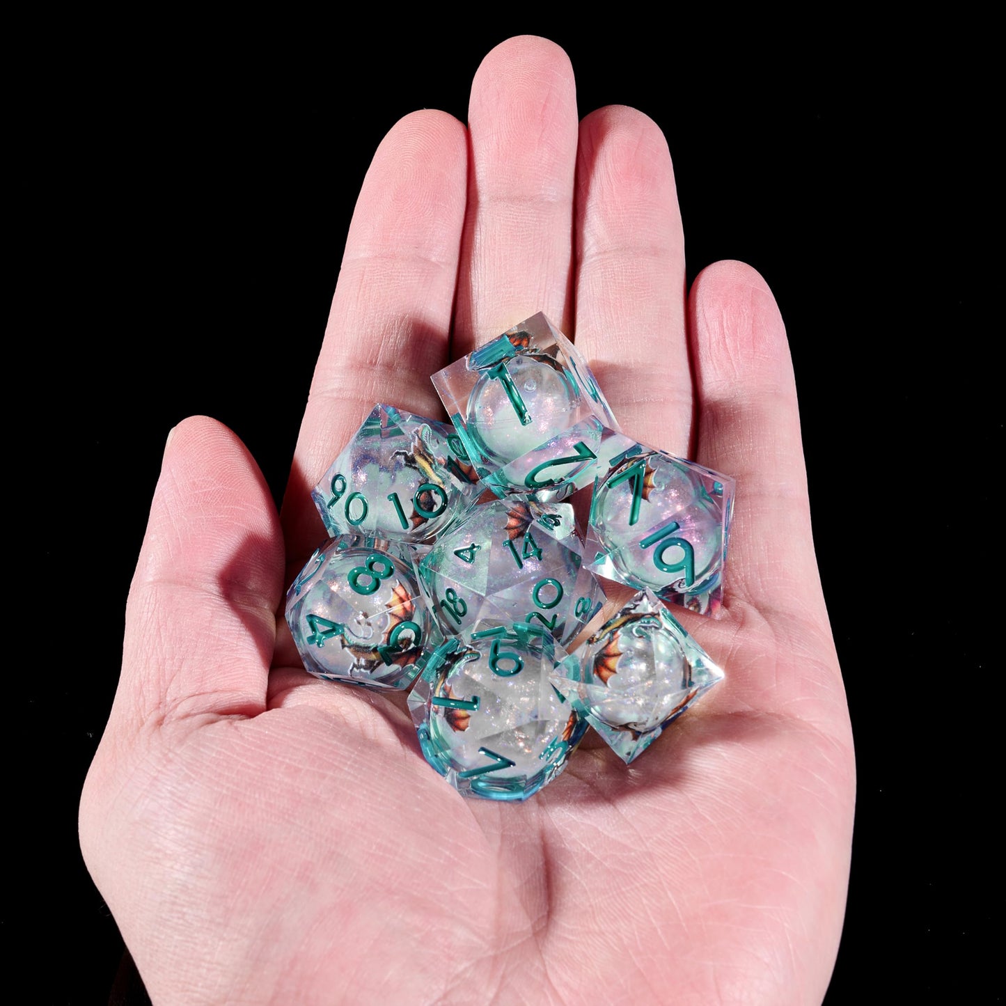 YZDHERO Dragon Polyhedral Dice Set, 7-Piece Clear Resin with Liquid Core, Sharp Edge Fantasy Dice with Teal Numbers, Dragon Artwork for D&D RPG Games