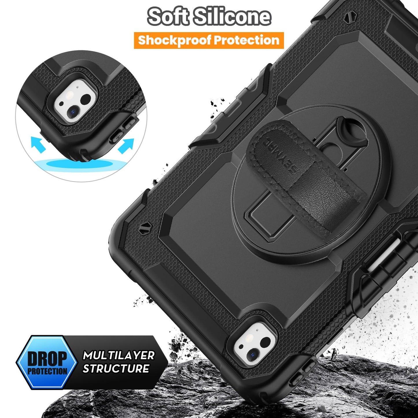 SEYMAC for iPad Pro 11 Inch Case 2024 (M4), Heavy Duty Shockproof Protective Case with Screen Protector, 360° Rotating Stand, Hand/Shoulder Strap and Pen Holder for iPad Pro 11 2024, Black