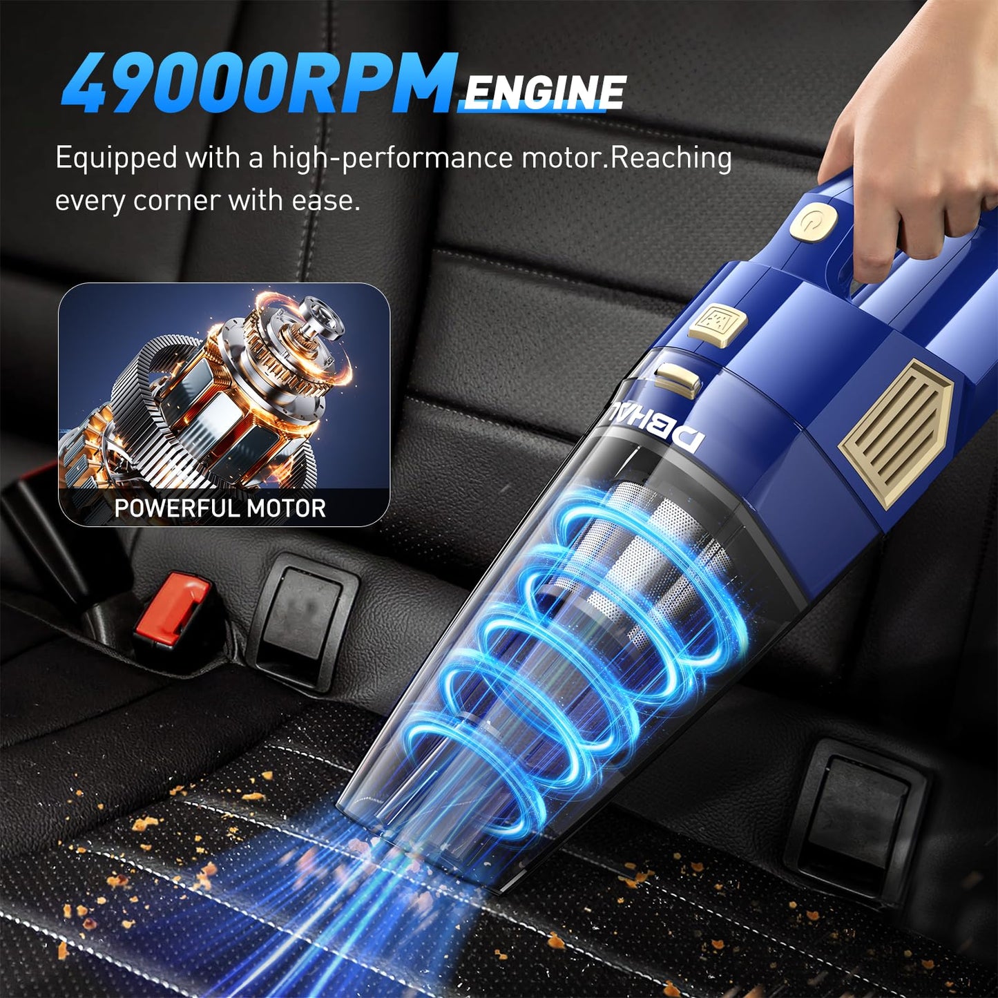 DBHAL Handheld Vacuum Cordless, 15000PA Powerful Suction Car Vacuum Cleaner Lightweight with Multi Accessories, Hand held Vacuum Cleaner Dust Busters Cordless Rechargeable for Car Home