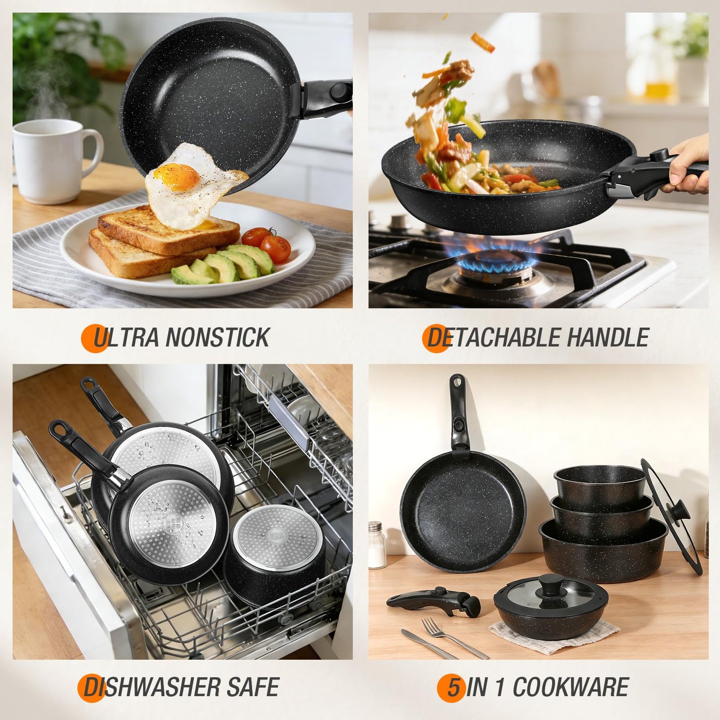 UMETRE pots and Pans Set, Nonstick Cookware Set Detachable Handle, Induction Kitchen Cookware Sets with Removable Handle, Non Stick RV Cookware Set, Dishwasher ＆ Oven Safe (21 PCS)