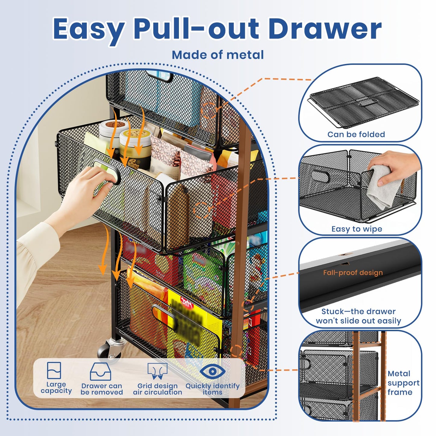 Goovilla Kitchen Cart with Drawers, 4 Tier Metal Rolling Utility Cart Organizer on Lockable Wheels with Wooden Top, Black Fruit Vegetable Storage Rack Also for Cans, Snack, Craft, Art, Office, Beauty