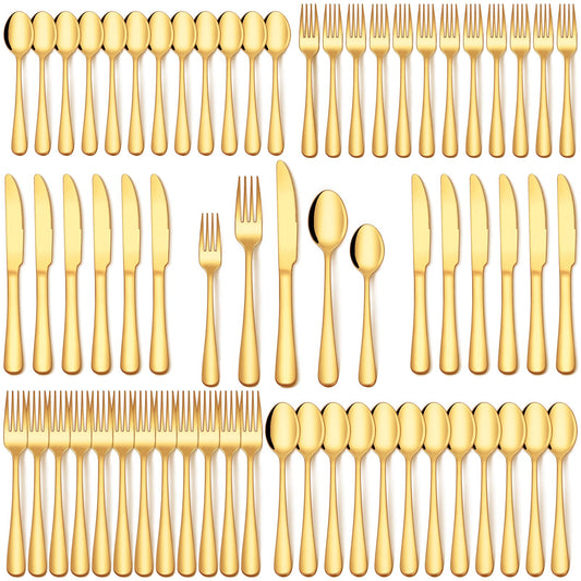 EUIRIO 60Pcs Gold Silverware Set, Stainless Steel Flatware Cutlery Set Service for 12, Mirror Polished Gold Utensils Set Include Forks Spoons Knives for Home, Wedding, Restaurant, Dishwasher Safe