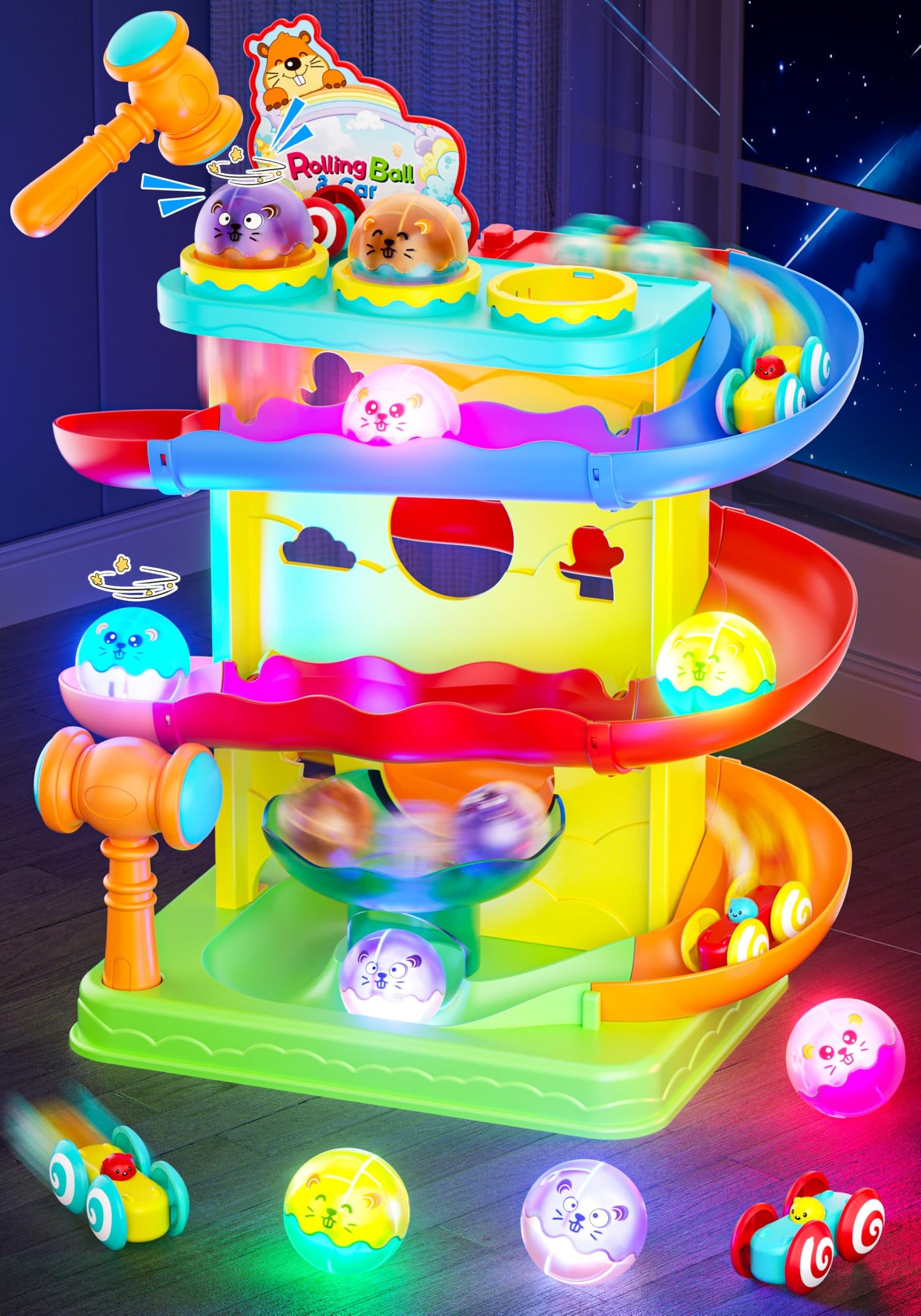 FUNWEE 2-in-1 Ball & Racing Car Ramp Toy for Toddlers, Race Track Hammer Drop Rolling Lights Ball, Learning Early Developmental Fun Game Birthday Gift Idea for Kids 2 3 4 5+Year Old Girl Boy(Yellow)