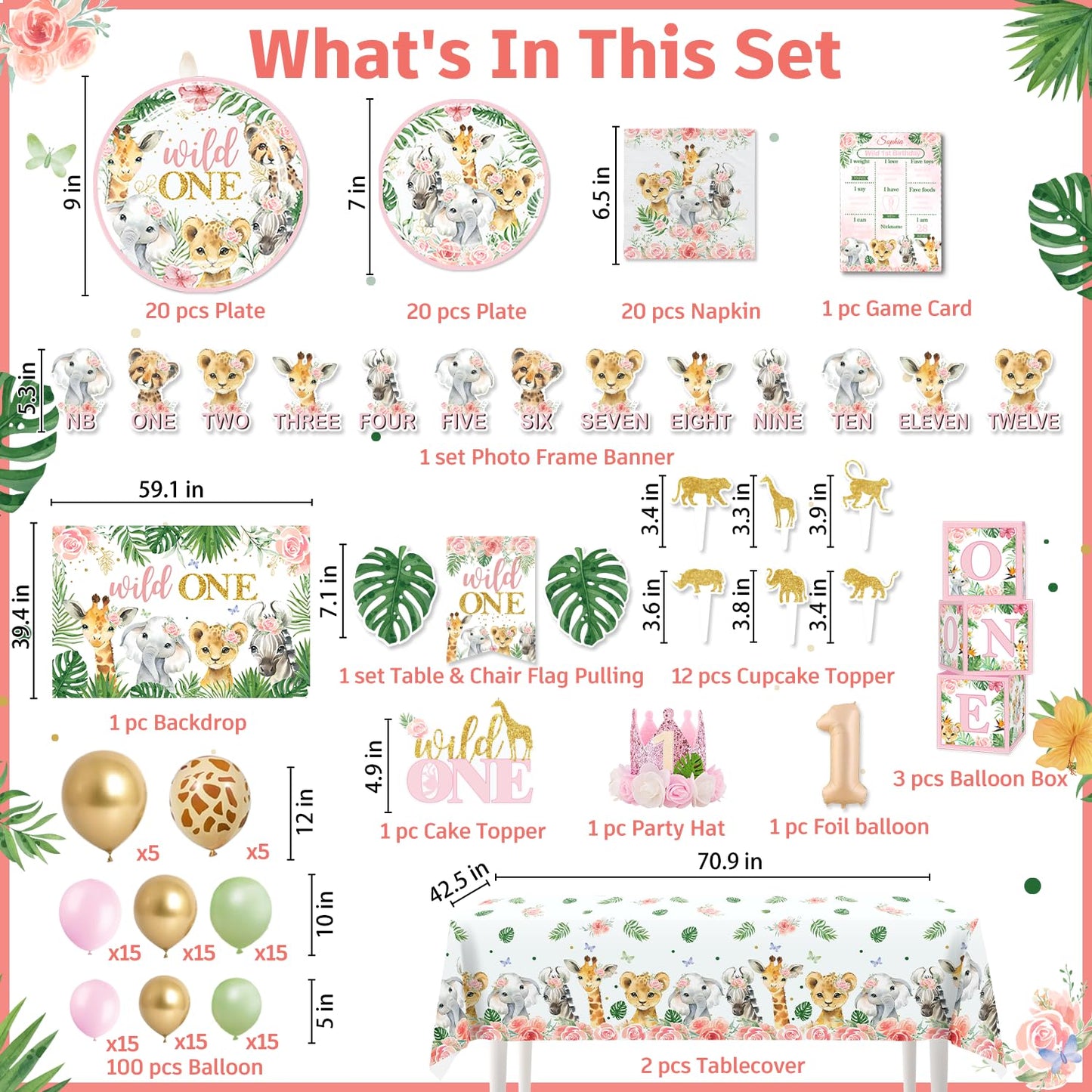 Cocomigo 184pcs Wild One Birthday Decorations Girl, Wild One Party Decorations Include Plate Banner Backdrop Tablecloth Cake Topper Pink Balloon Arch for Wild One Birthday Decorations