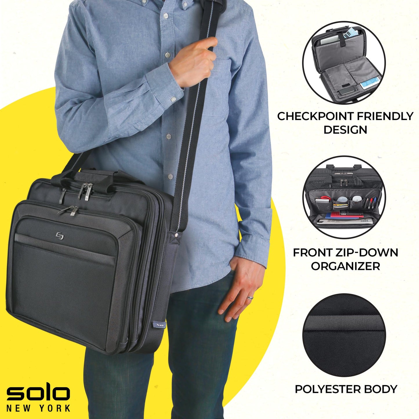 Solo New York Briefcase - Laptop Carrying Bag for Women & Men, Brief for Travel & Work, Front Zippered Pocket, Adjustable Shoulder Strap, Fits 17.3" Computer - Empire, Black