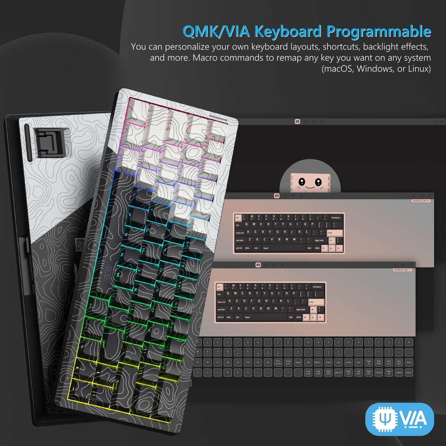 Womier Q61 60% Percent Keyboard with QMK/VIA Topographic Gaming Keyboard, Wireless Creamy Mechanical Keyboard, RGB Custom Keyboard Gasket Hot Swappable Keyboard for Windows & Mac-POM Linear Switch