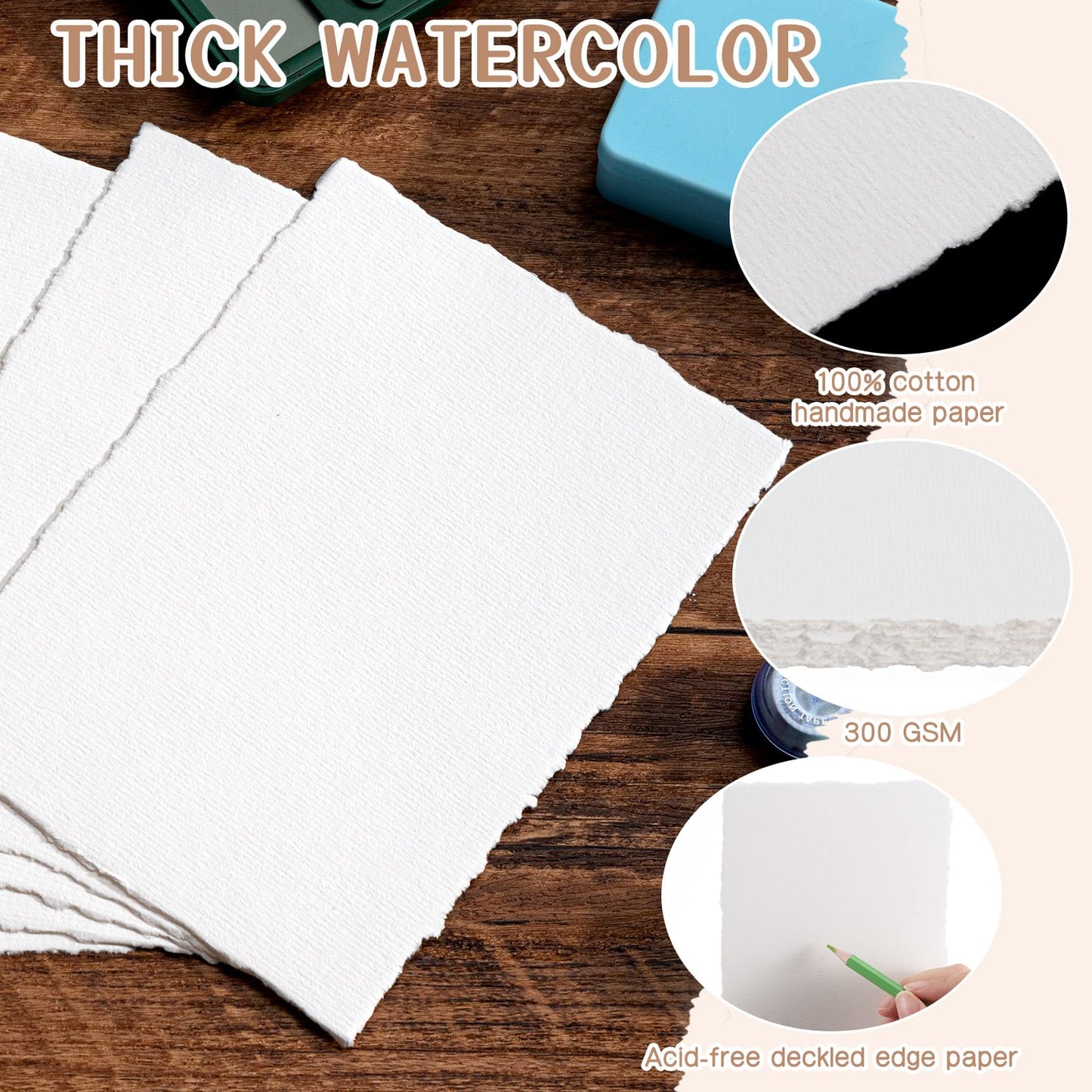 Humyoun 150 Sheets 5x7 Inch Watercolor Handmade Paper, 300 GSM Deckled Edge Textured Cotton Paper for Wedding Invitations, Cards, Sketching, Crafts, Watercolor