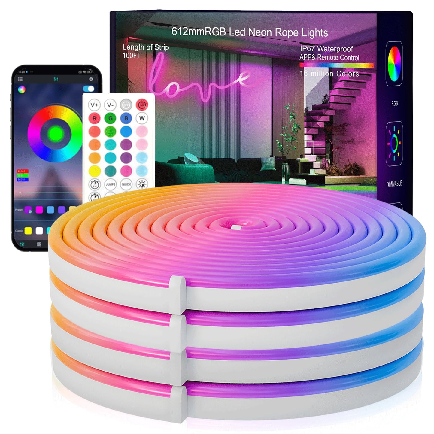 SILFU Neon Rope Lights, 40FT RGB LED Strip Lights, Waterproof IP67 LED Lights for Bedroom, DIY Design, Music Sync, 44 Key Remote Control, Multiple Modes for Bedroom, Holiday Decoration