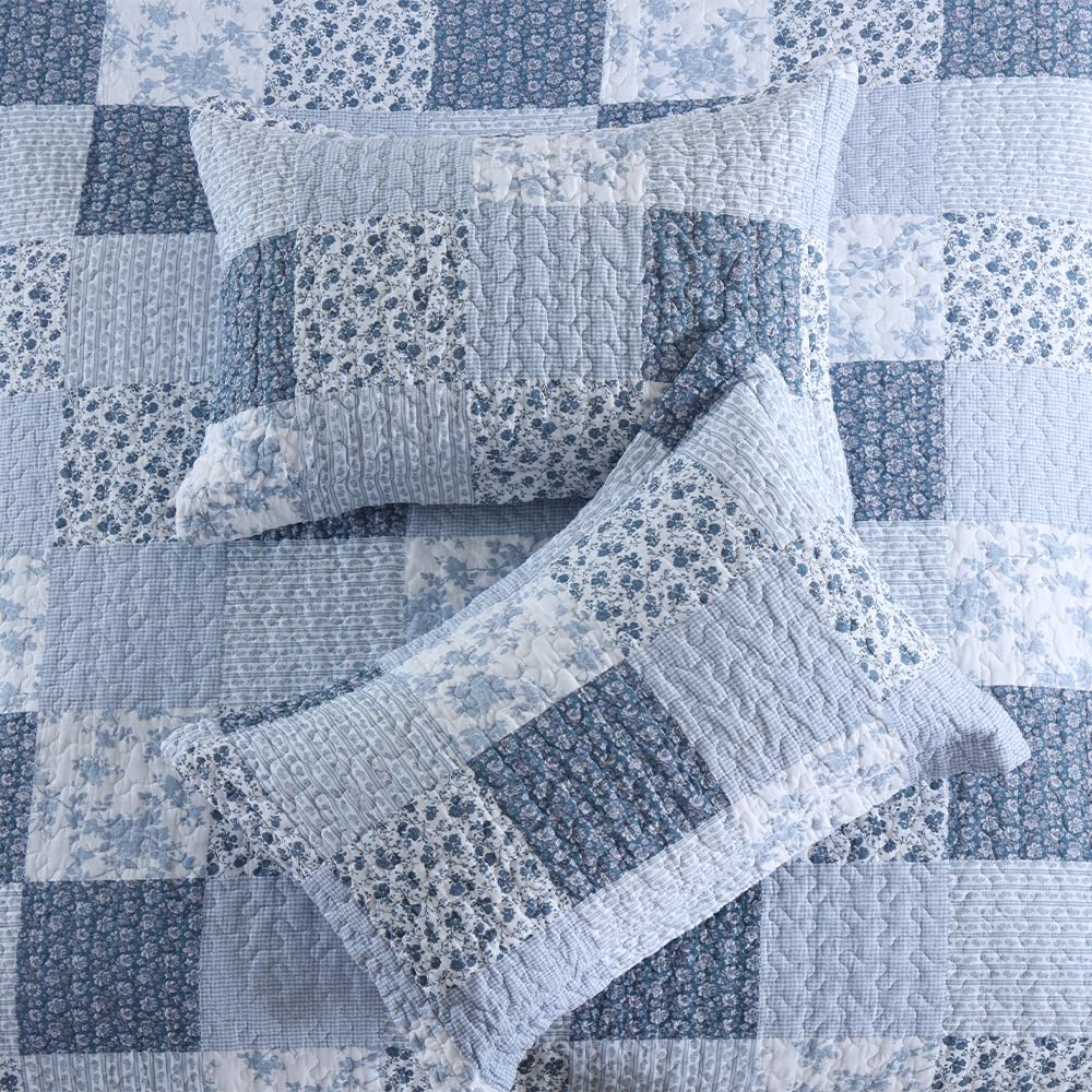ENASAL Cotton Bedspread Quilt Bedding Sets Reversible Coverlet Sets Comforters Rustic Floral White Blue Patchwork Pattern Bedspread for All Season, King Size
