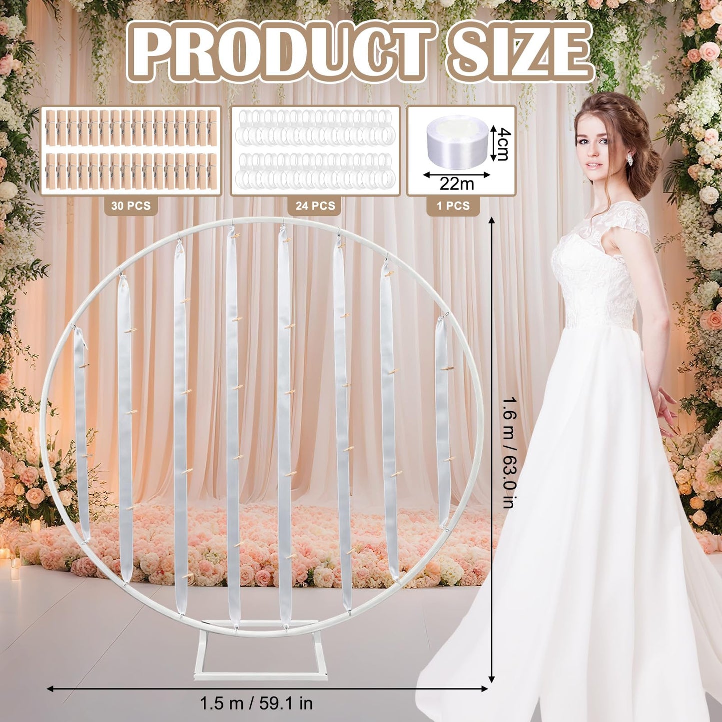 Colingmill 63 Inches White Photo Display Frame Board with Clips Metal Round Photo Display Stand Hanging Pictures Organizer Holder Picture Frame Board for Wedding Graduation Greeting Card