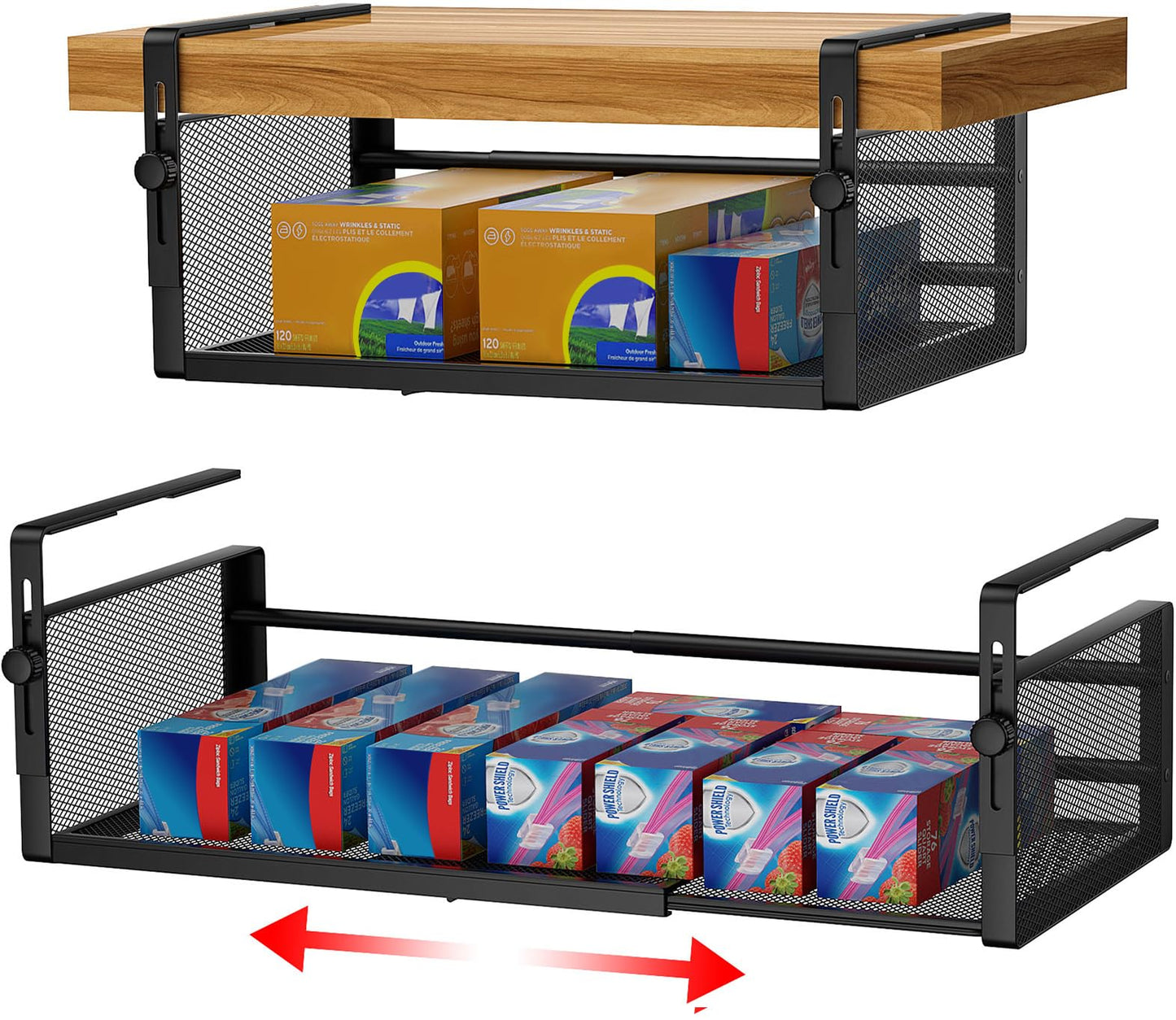 AmonHouseware 2Pack Under Shelf Basket, Adjustable Hanging Under Cabinet Shelf Storage, Hanging Holder Length Stretchable 14.9-22.6Inch for Kitchen Pantry Desk Counter Bookshelf Cupboard (Black)