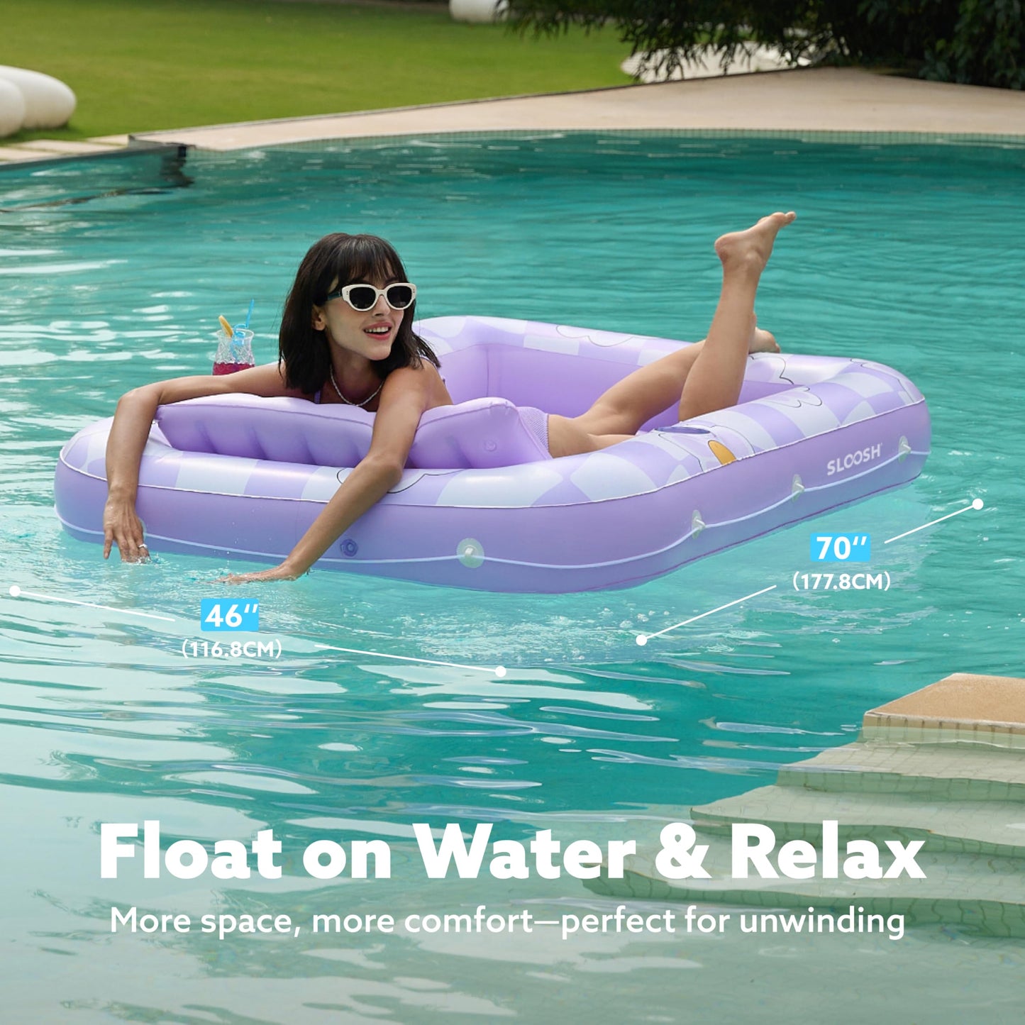 SLOOSH Inflatable Tanning Pool Lounger Float, 70" x 46" Pool Floats Adult with Pillow, 4 in 1 Suntan Tub Raft Floatie,Sunbathing Bed Lounge for Water Blow Up Ball Pit Party Gifts, Purple Chase Flower