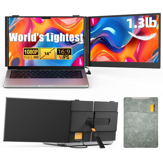 14" Dual Laptop Screen Extender with 1.3lbs - Ultra Thin Portable Monitor for Laptop Plug & Play, FHD 1080P Laptops Extended Monitor for 13"-17" Laptops, USB-C/HDMI Travel Display for Mac/Win