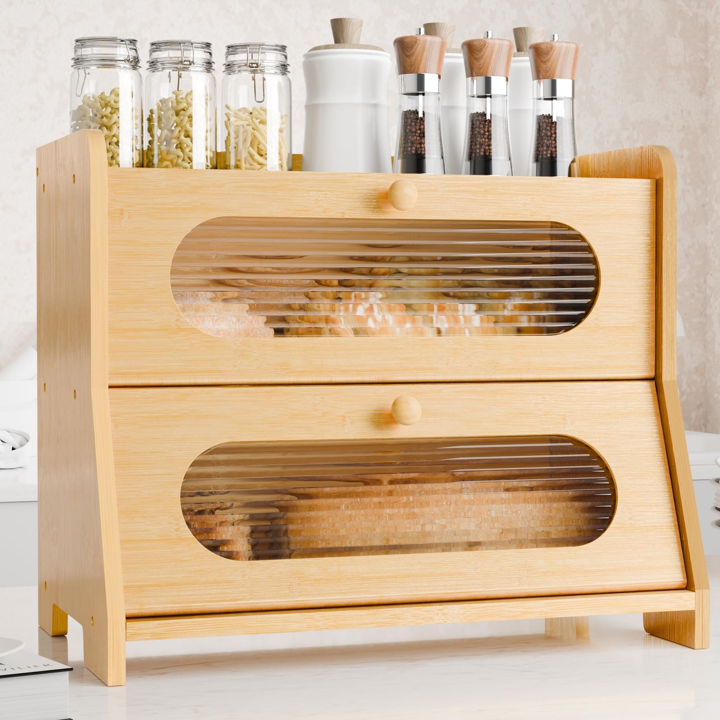Stylstoreazy Bread Box,Extra Large 2-Tier Bamboo Bread Box for Kitchen Countertop,Bread Storage Container with Magnetic Acrylic Door for Homemade Bread,Under Cabinet,Pantry Organizer(Natural)