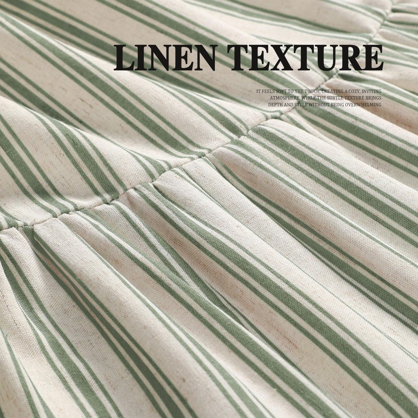 XOGUIBO Farmhouse Shower Curtain with Ruffle Hem Linen Shower Curtains for Bathroom Country Vintage Rustic Natural Fabric, Cream-Green Stripe 72" W x 84" L