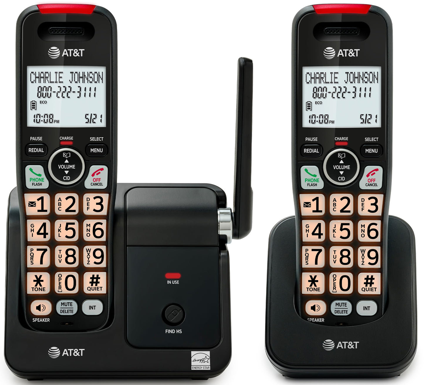 AT&T EL2131-21 2-Handset DECT 6.0 Cordless Phone with Call Blocker (50 Numbers), Caller ID, Speakerphone, Backlit Display & Keypad - Black