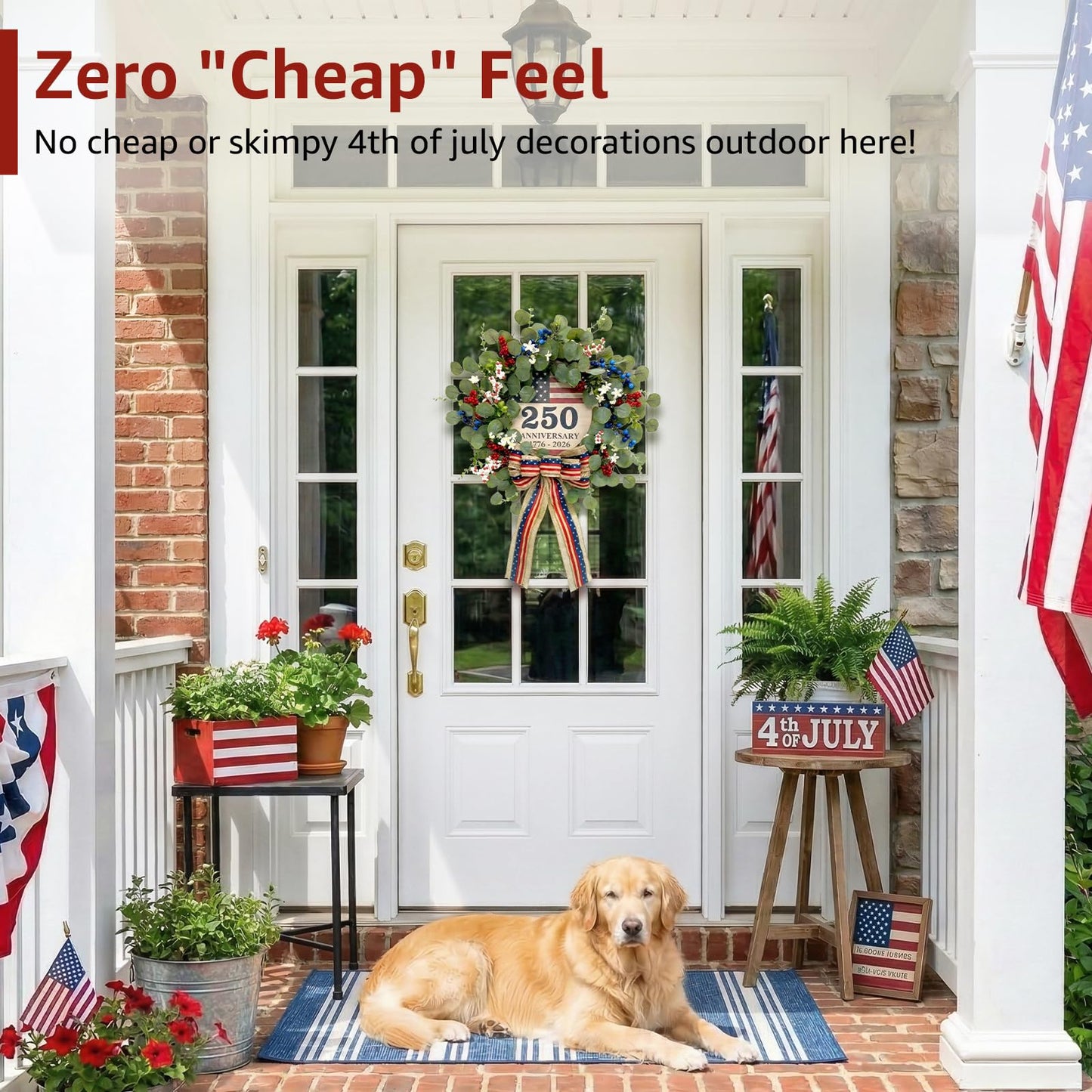4th of July Eucalyptus Wreath for Front Door - 23 inch 1776-2026 USA 250th Anniversary Patriotic Outdoor Decorations, Memorial Day Wreaths with Red White Blue Berries and Bow