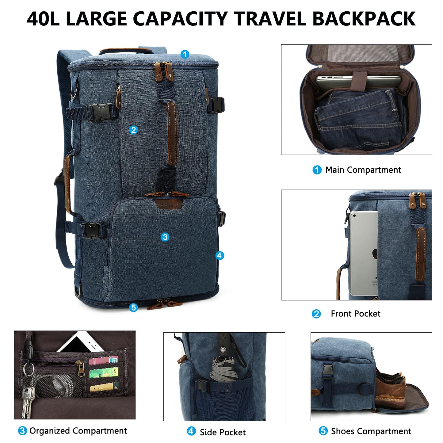 G-FAVOR 40L Travel Backpack, Vintage Canvas Rucksack Convertible Duffel Bag Carry On Backpack Fit for 17.3 Inch Laptop Bag