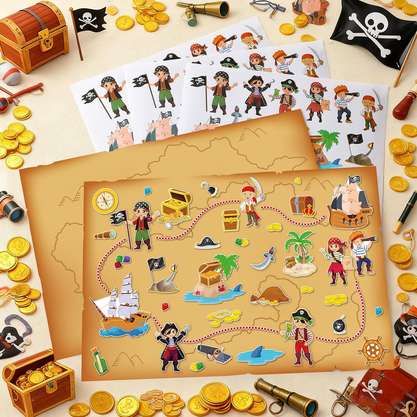 Kosiz 12 Pcs Giant Treasure Island Map Sticker Scenes Include 12 Backgrounds and Sticker Sheets Pirate Map Pirate Party Activity for Kids