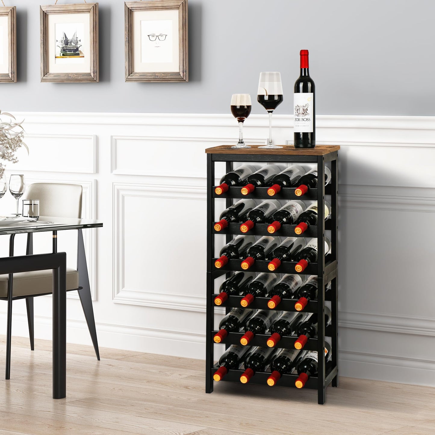 VASMIA Wine Rack Freestanding Floor, 6 Tier Bamboo Wine Storage Shelves with Table Top, 24-Botttle Wine Rack Shelf for Kitchen Bar Dining Room Living Room, Rustic Brown and Black