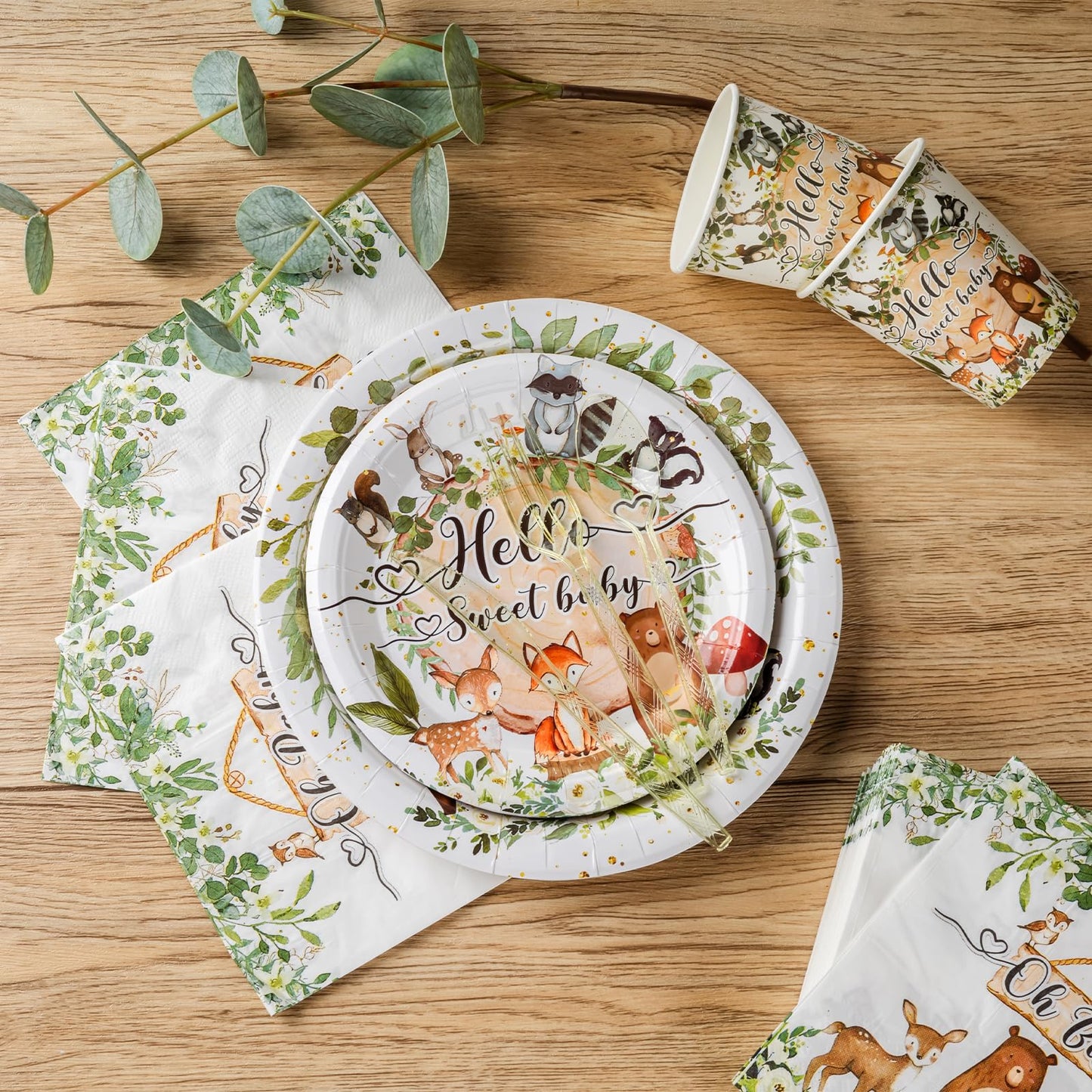 350 Pieces Woodland Baby Shower Decorations Set Serves 50 Guests, Forest Theme Party Supplies Tableware with Plates, Cups, Napkins, Disposable Tableware